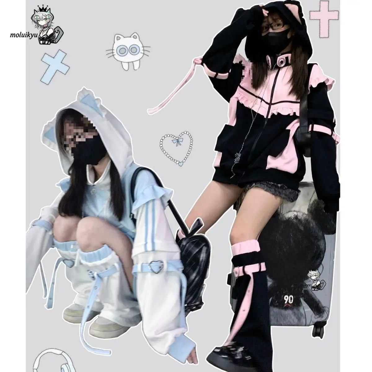 Y2K Kawaii Cat Ear Hoodie Women Pink Black Zip Up Jacket Sweet Ruffle Harajuku Streetwear Belt Girl Aesthetic Gothic Sweatshirt view 2