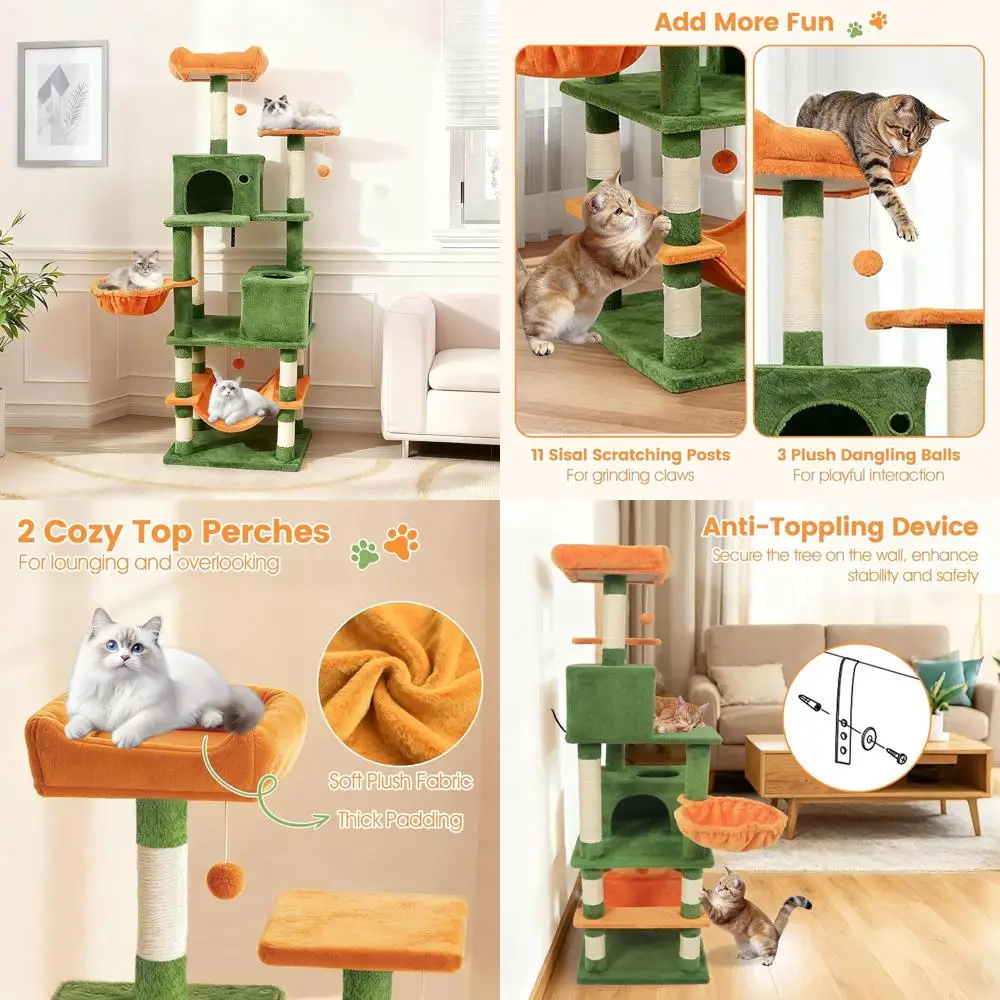 

Высокий многоуровневый кошачий комплекс 66 дюймов с сизалевыми столбиками, 2 домиками, плюшевой лежанкой, гамаком, корзиной, игрушками для домашних кошек - зеленый и оранжевый