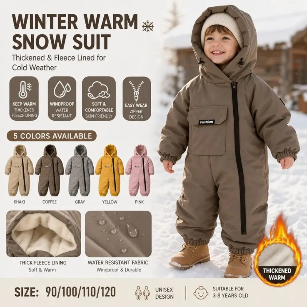 Cozy Thick Fleece Lined Kids Snow Suit Windproof Warm Winter Jumpsuit Comfortable Fit Waterproof Baby Romper Winter Outdoor