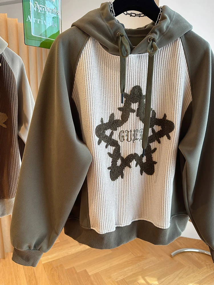 Moletom Extra Grande de 300 Pou com Bordado de Estrela de Cinco Pontas, Tricô, Solto, para Mulheres, Outono