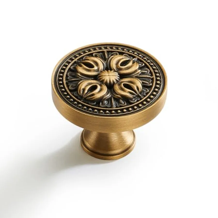 

Pack Antique Brass Cabinet Knobs Vintage Solid Brass Drawer Pulls with Floral Design, .2" Decorative Knobs for Kitchen Cabinets