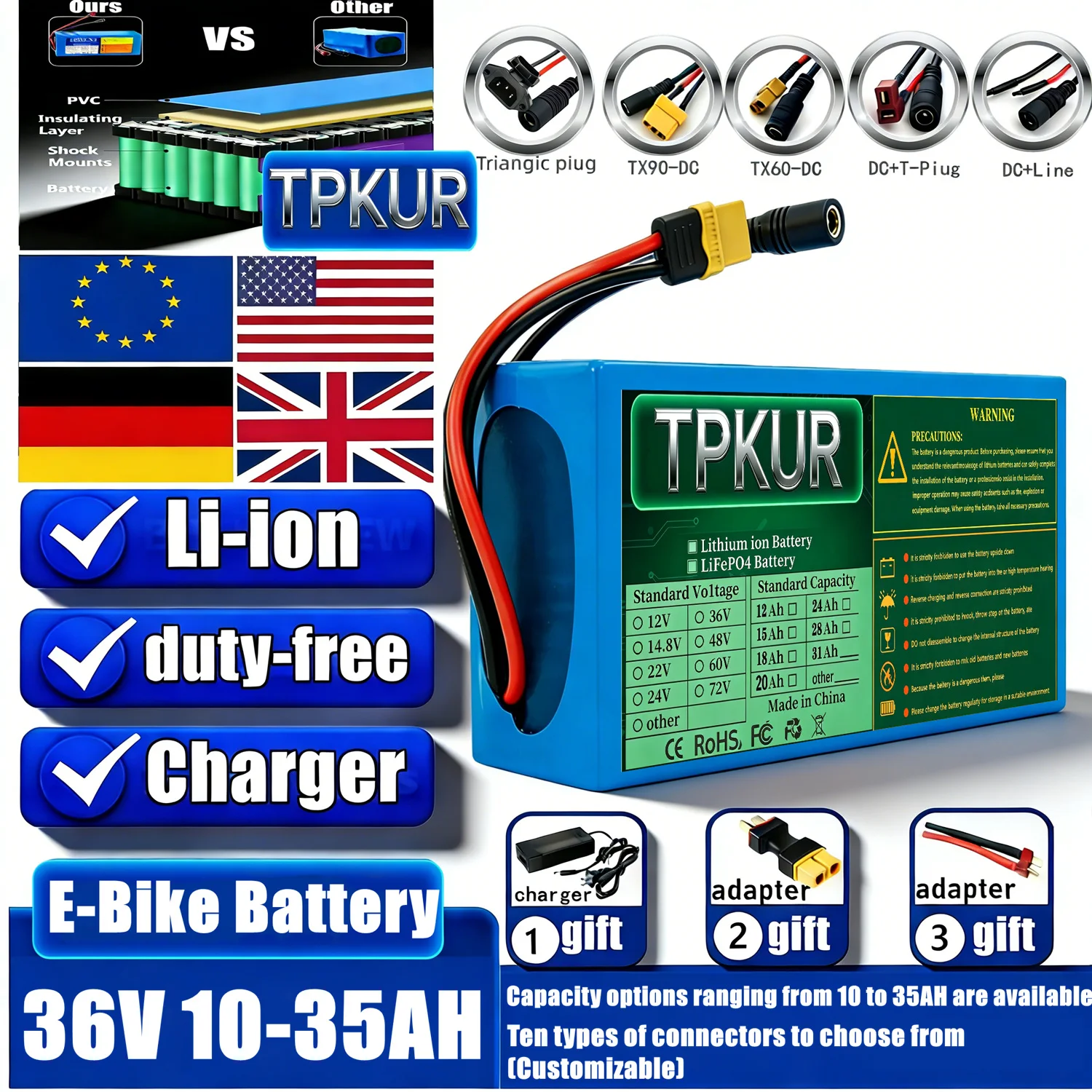 36V 10S6P Lithium Battery Pack 10-35Ah Full Capacity Coverage, Suitable for 100-1000W Full Power, Built-in BMS for More Peace of