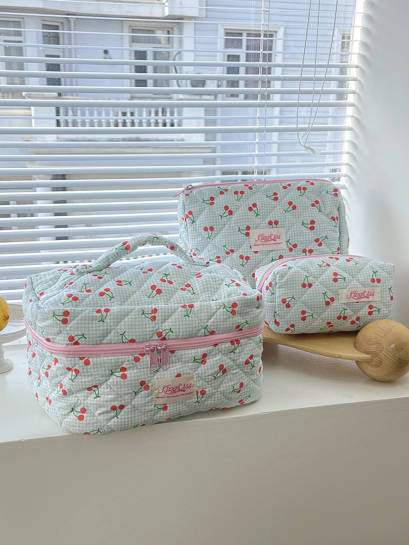 1 unid/set de bolsa de maquillaje acolchada con estampado de cuadros y cereza, bolsa de cosméticos de gran capacidad, conjunto de bolsa de maquillaje, bolsa de maquillaje, organizador de cosméticos