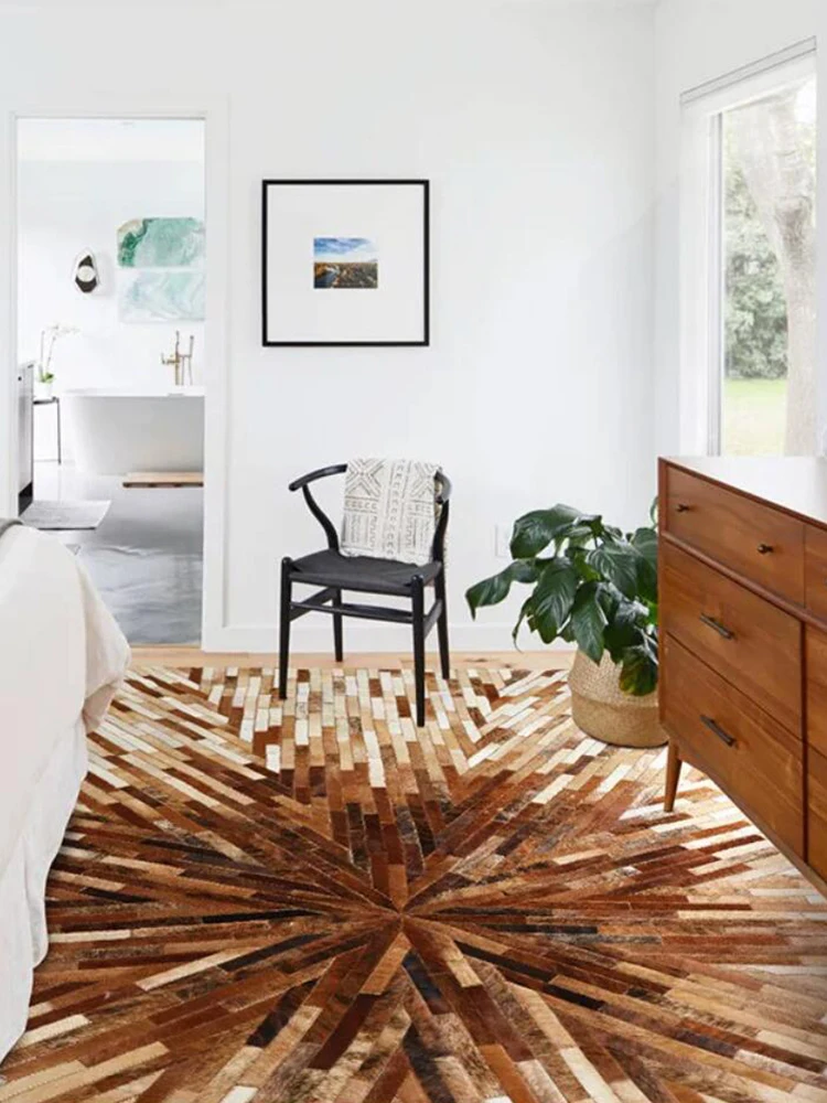 Modern Simple Geometric Living Room Carpet Brown Home Customize Real Cowhide Bedroom Rugs Large Study Cloakroom Large Rug