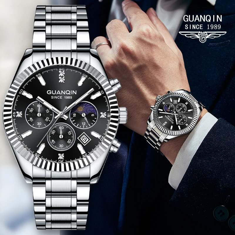 Мужские часы GUANQIN Premium: кварцевые наручные часы с черным циферблатом, стальным браслетом, хронографом, секундомером, фазами Луны. Роскошный спортивный подарок.