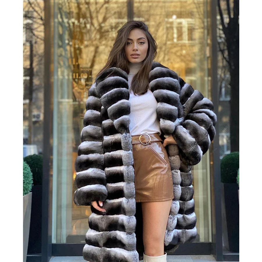 Real Fur Coat Women Chinchilla Fur Genuine Rex Rabbit Fur Coat Best Seller Long Warm Winter Outerwear