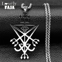 Sigil Church of Satan Trident Stainless Steel Necklace Seal of Lucifer LaVey Hidden Devil Eye Silver Color Long Necklace Jewelry