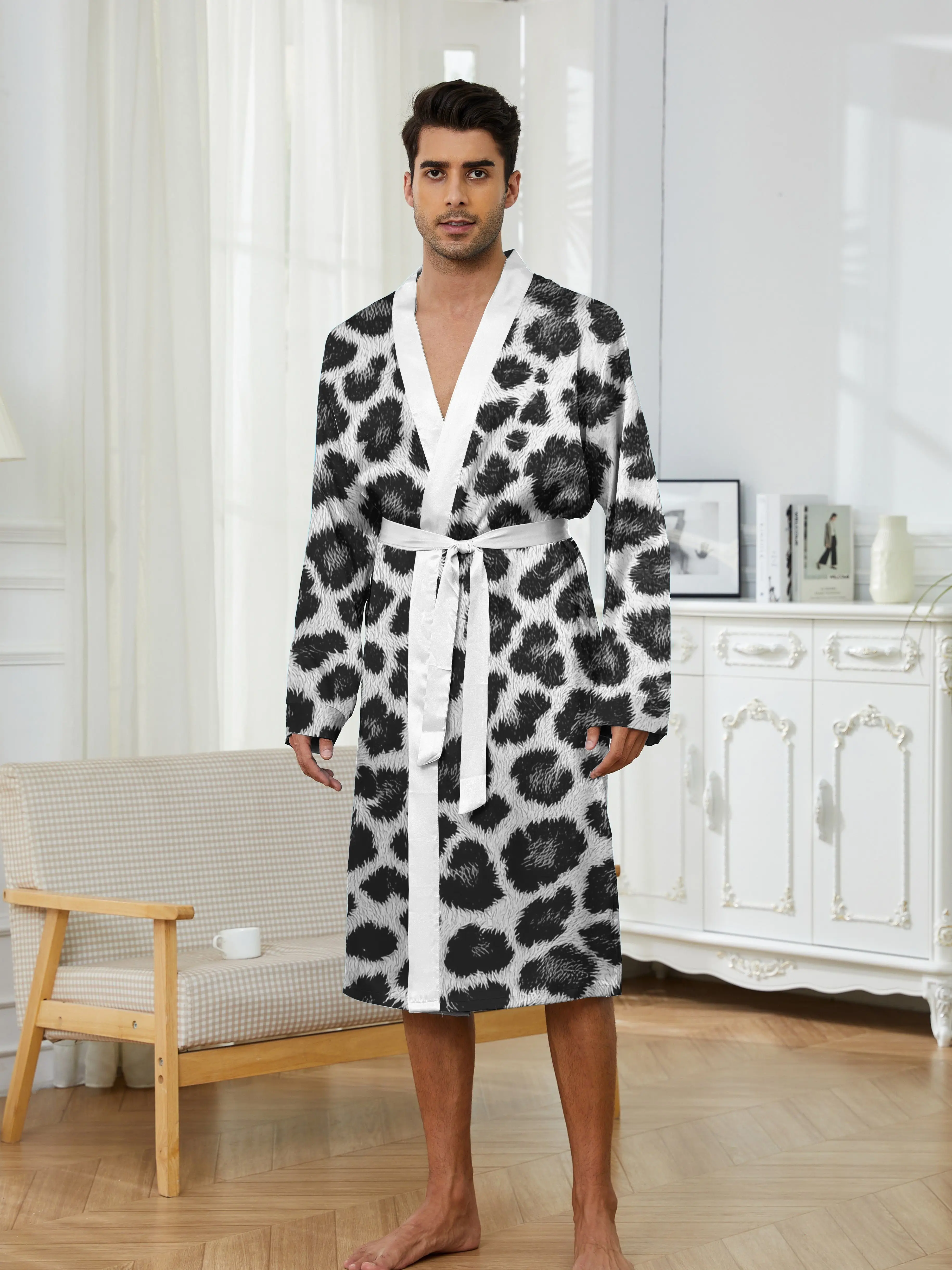 Spring and Autumn Leisure Home Sleeping Robe for Men, Bathrobe men with Digital Printing and Quick Drying，Men's bathrobe