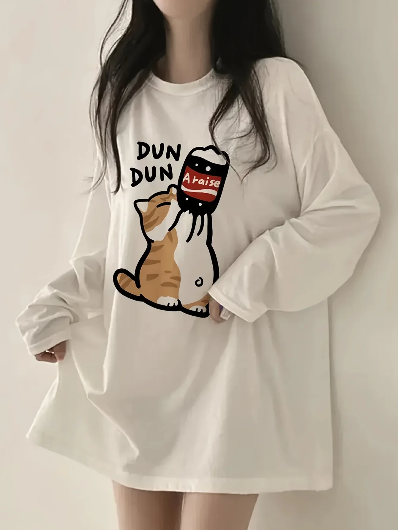 100% Cotton Casual Cute Japanese Style Cat Print Long Sleeve Round Neck T-Shirt for Women Loose Fit Kawaii Clothes