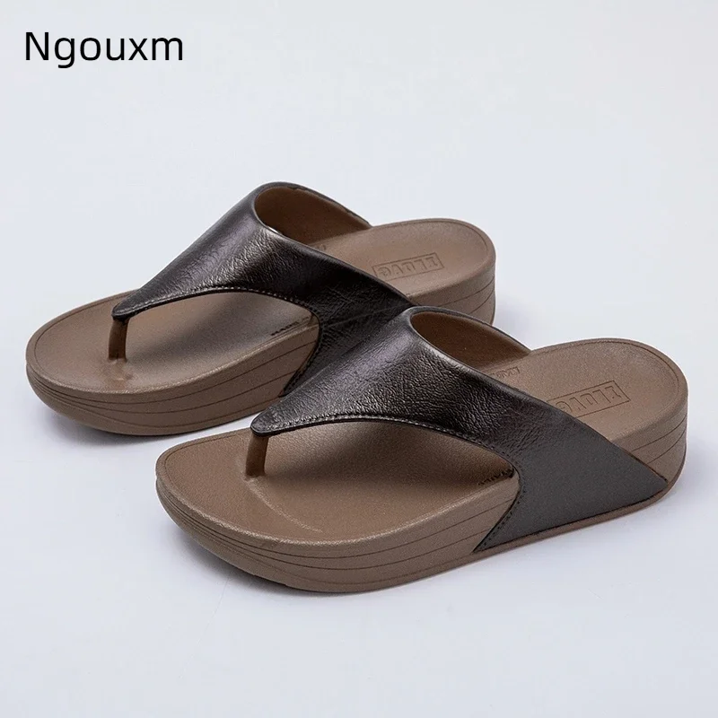 

Ngouxm Women Wedges Flip Flops Slippers PVC Summer Comfy Non-Slip Beach Slippers Thong Solid Arch