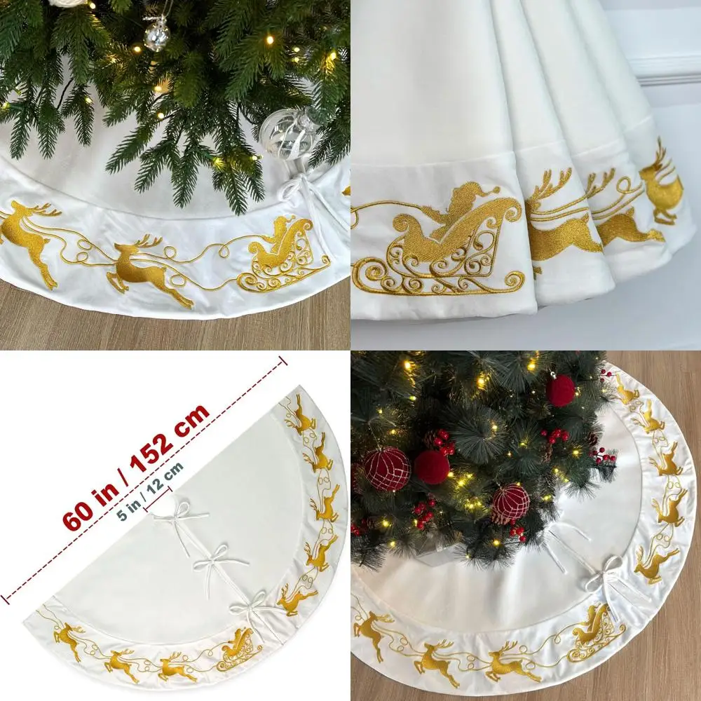 

Ivory Velvet Christmas Tree Skirt, 60, Gold Reindeer & Santa Sleigh Embroidery, Lace Ties