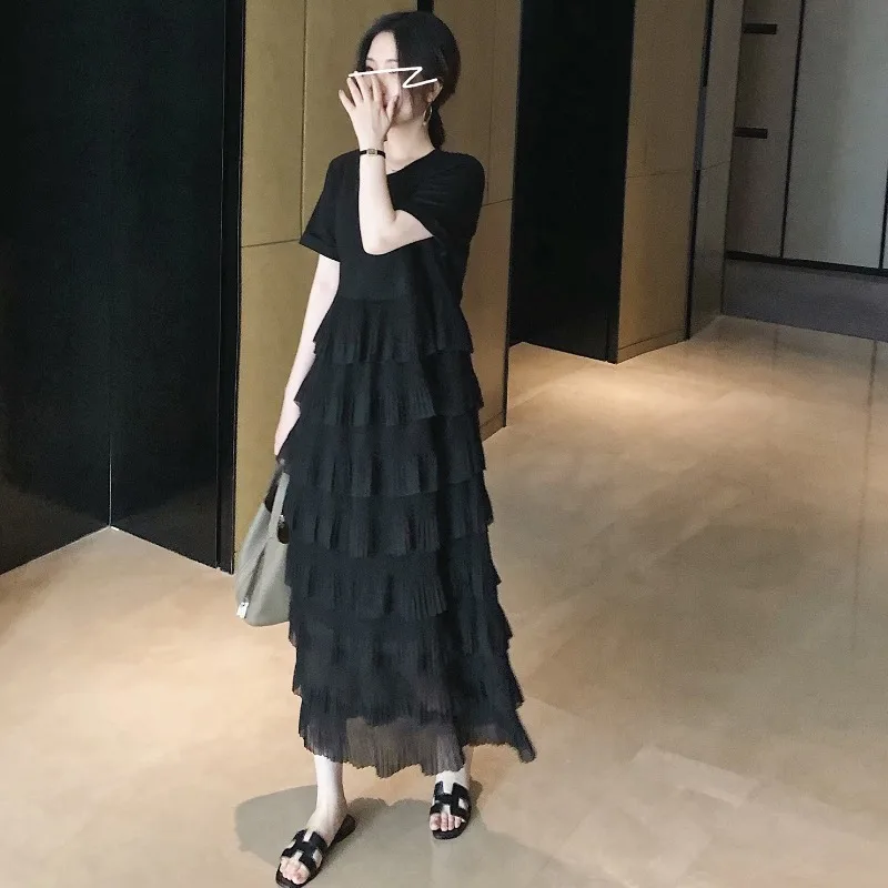 Minceur Bla Summer Dr T-shirt droit ample pour femme jupe longue gâteau Sle version coréenne trajet décontracté polyester coton...