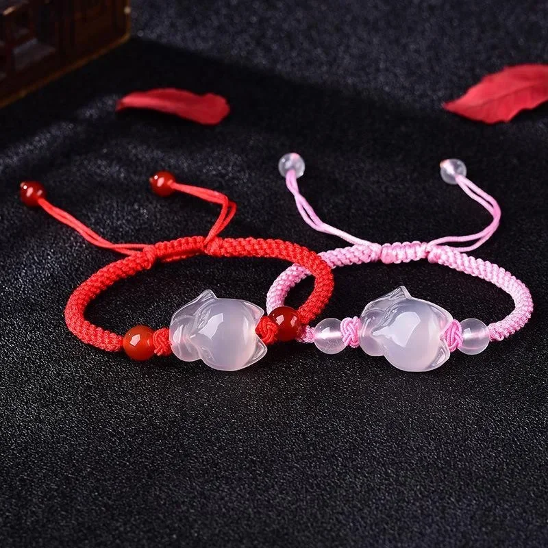 Chinese Natural Pink Agate Chalcedony Jade Fox Elastic Bracelet Jewellery Hand knotting Accessories DIY Women Man Gift Amulet