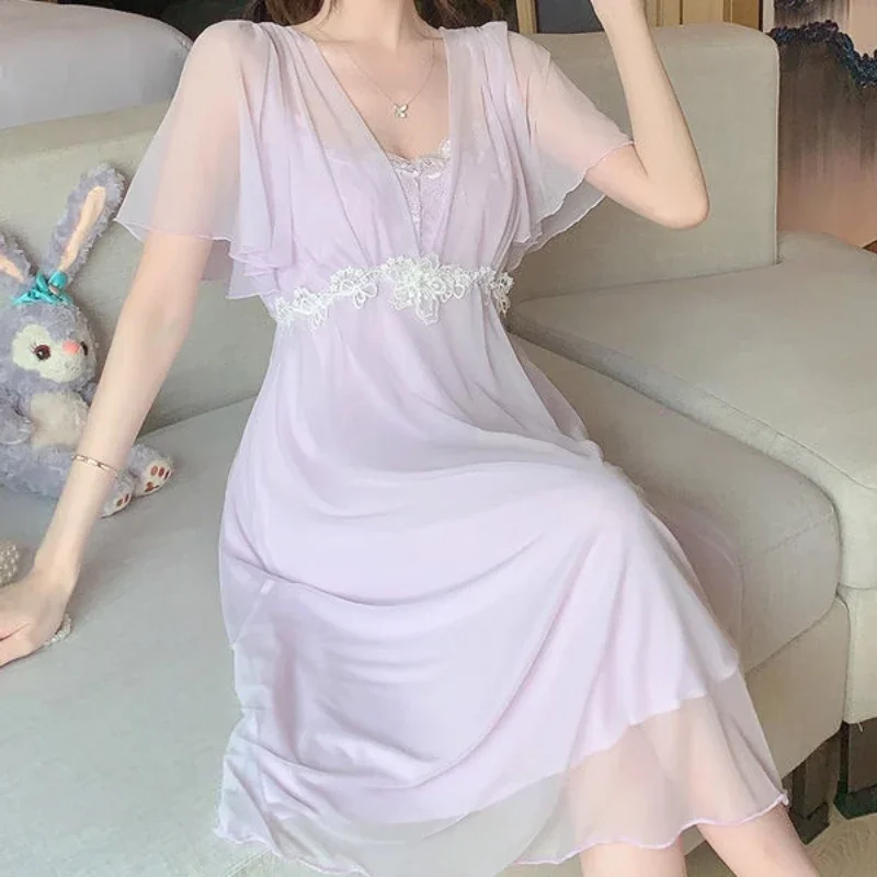 Princess Sleepwear Nightwear Summer Solid Color Short Sleeve Night Dress Women Lace Round Neck Nightdress Fairy Mesh Nightgown