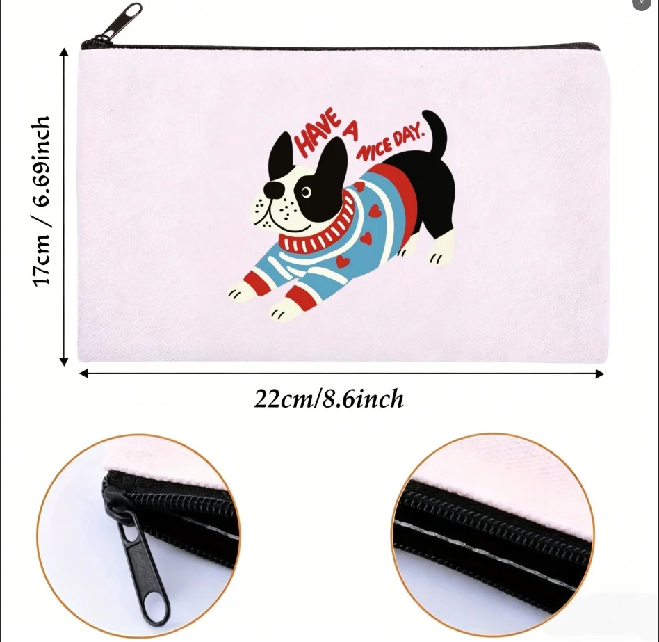 1PC Double-sided Print Canvas Pouch Cute French Bulldog Letter Print Zipper Storage Bag
