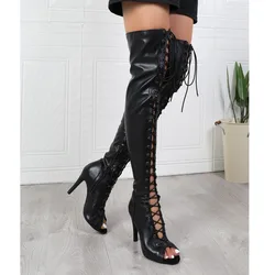 Tacones por encima de la rodilla para mujer, botas con cordones, tacones de aguja, baile de Jazz, suela resbaladiza, botines sexis personalizables para exteriores