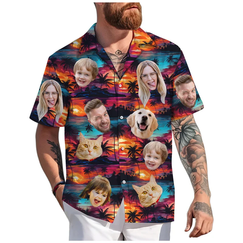 CUSTOM Face เสื้อฮาวายตลกส่วนบุคคลครอบครัวสัตว์เลี้ยงกราฟิกเสื้อปาร์ตี้ชายหาดฤดูร้อนวันหยุดแขนสั้น Aloha เสื้อ