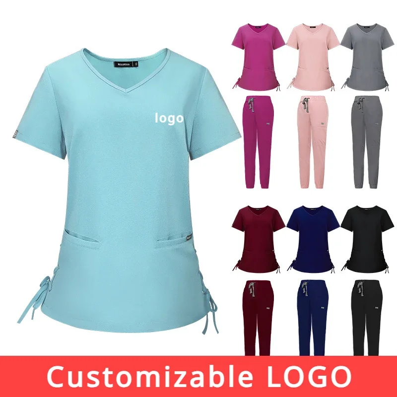 Customizable LOGO Nurse Uniform Scrubs Tops+pants Womens Short Sleeve Pocket Overalls Uniforms Medical Nursing Working Workwear