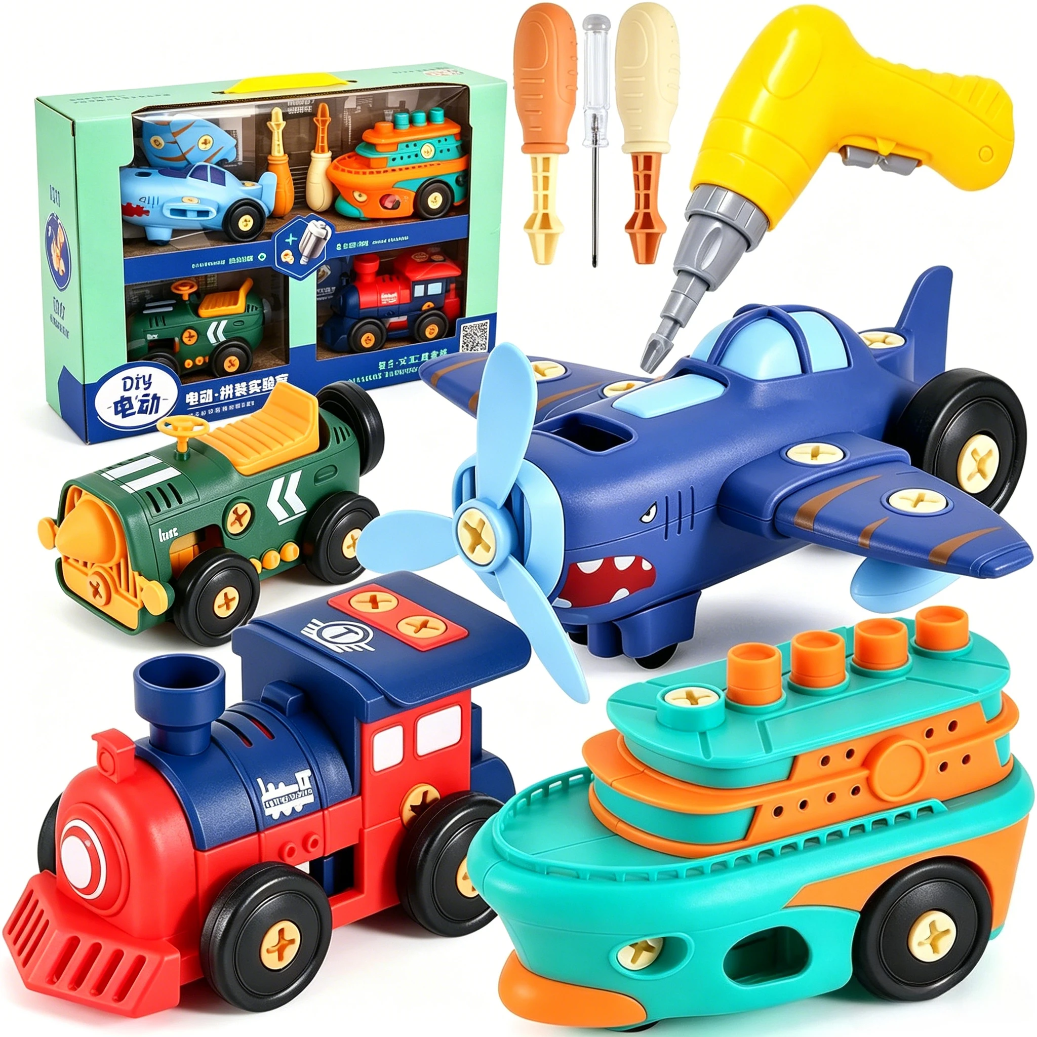 4Pcs Electric Take-Apart Construction Trucks with Drill, Educational Building Toy for Boys 3-8, Nice Birthday Gift