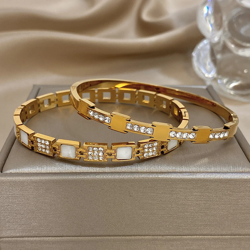 Freetry رائعة تألق أحجار الراين الفولاذ المقاوم للصدأ الكفة سوار للنساء أنيقة فاخرة الذهب اللون جولة واسعة الإسورة هدية #5