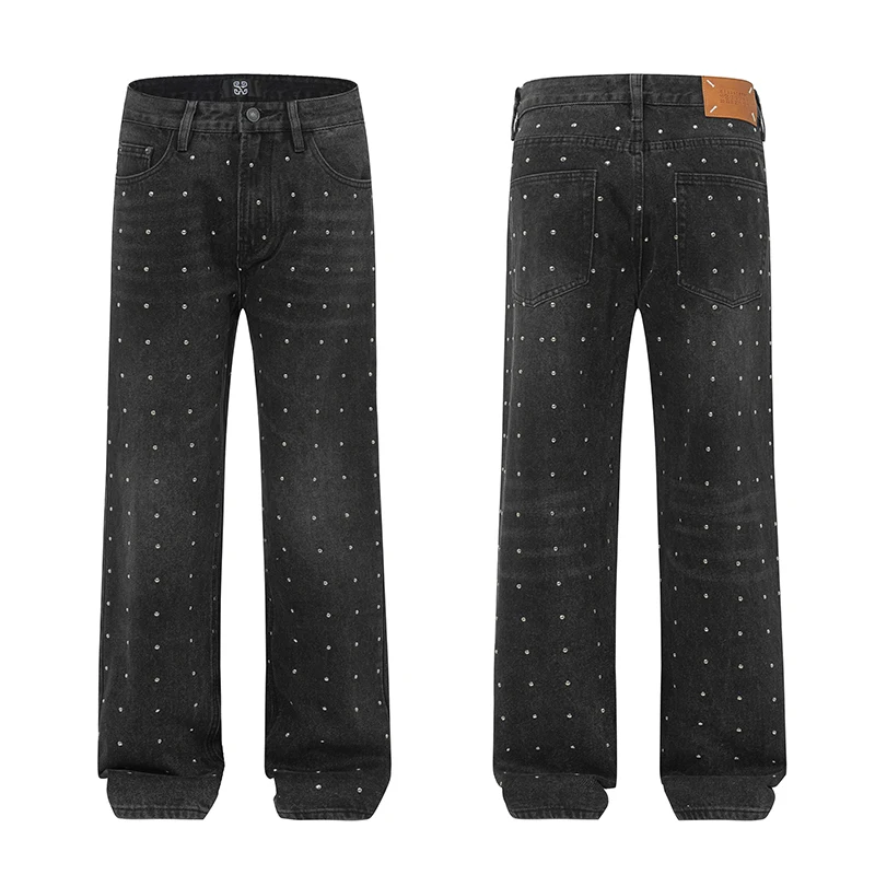 Jean Droit Ample pour Homme et Femme, Pantalon Personnalisé, Haut de Gamme, Noir, avec Diamant