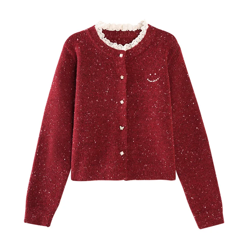 ALXNAN Red Cardigan Women's Spliced Lace Collar Chic Pearl Buttons Sweaters 2025 Autumn Winter Long Sleeve Warm Knitwear L52502