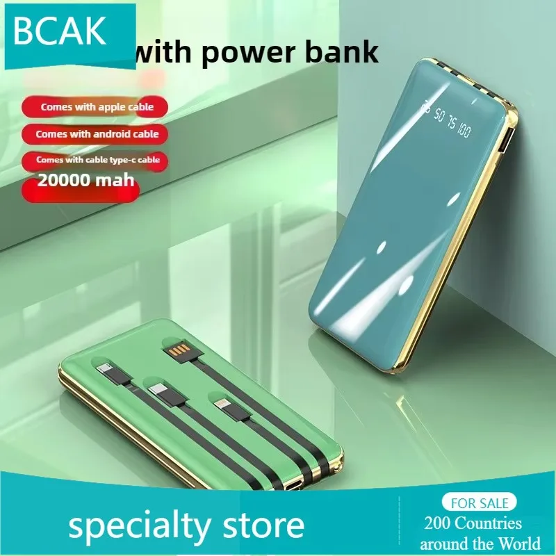 New Thin and Light New Creative Large-capacity Electroplating with Own Cable Power Bank 20000mAh BCAK Portable Mobile Power Supp