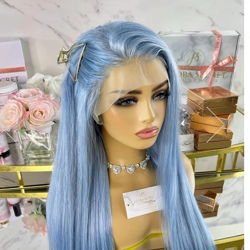 باروكة طويلة من الدانتيل الصناعي المستقيم للنساء ، جزء حر ، أزرق فاتح ، باروكة ناعمة ، ألياف مقاومة للحرارة ، باروكات تأثيري