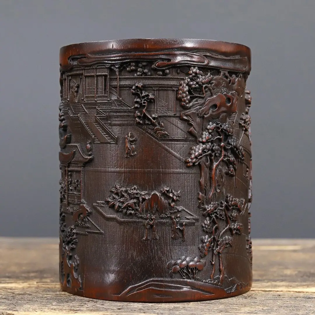 Antique Bamboo Carved Scenery Brush Pot Pen Holder Desktop Organiser Office Desk Accessory Office Supplies view 4