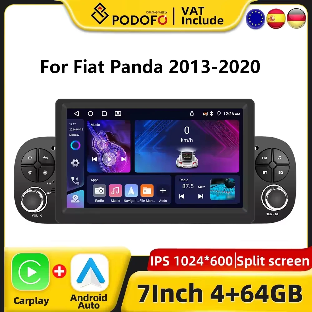 Podofo CarPlay Android Autoradio für Fiat Panda 2013-2020, intelligentes 1-DIN-GPS-Stereo-Empfänger-System mit WLAN, Multimedia-Player, RDS, FM, Autoradio, Armaturenbrett-Haupteinheit