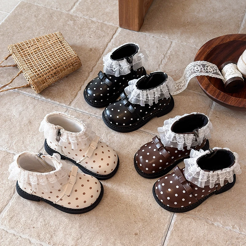 Kids Girls' French Vintage Winter Ballet Polka Dot Side Zipper Rubber Sole Sweet Smokestack Boots Baby Warm Walking Ankle Boots