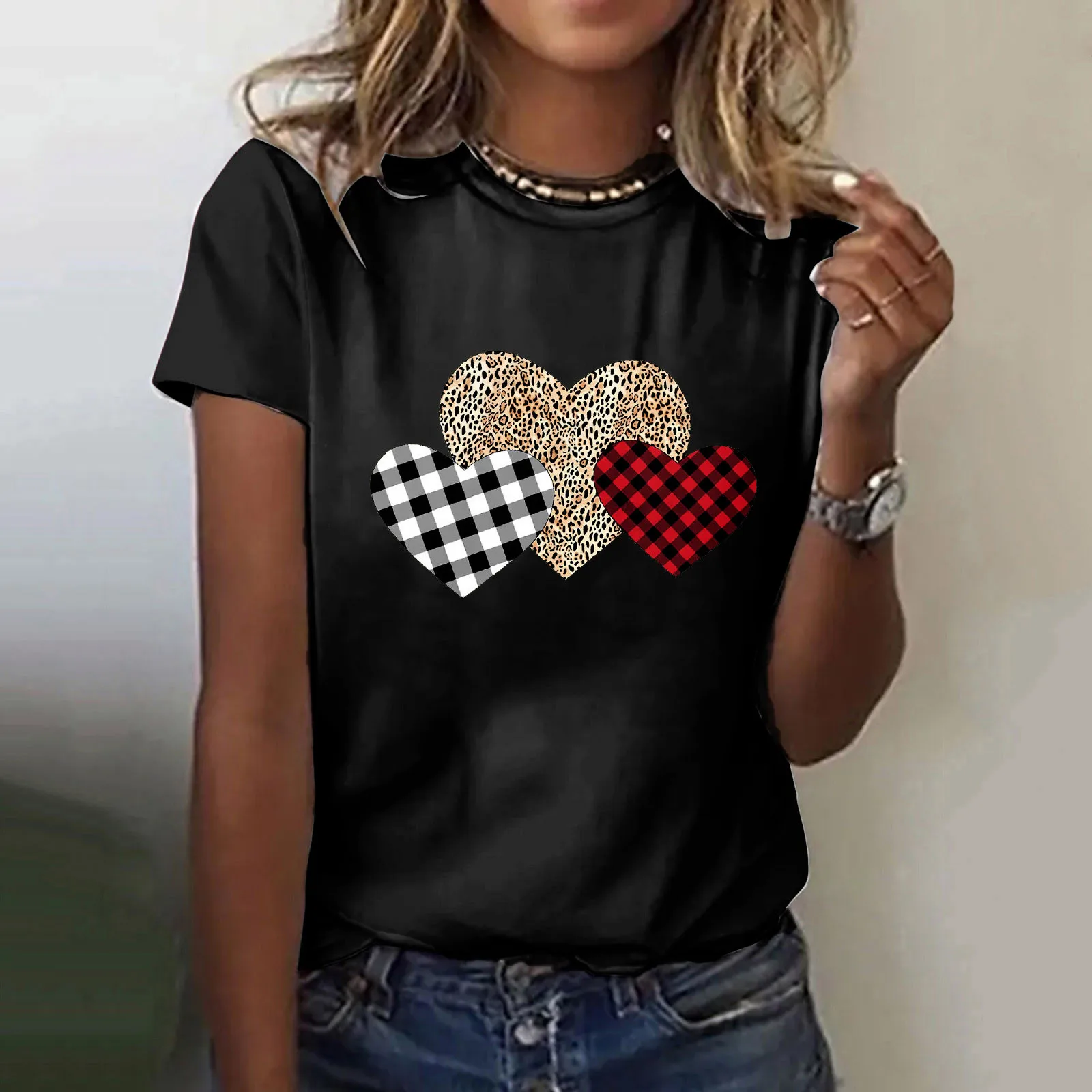 Heart Linked To Heart Women T Shirts Summer Plaid Leopard Patchwork Short Sleeve O-Neck T-Shirt Girlfriend Valentine's Day Gift