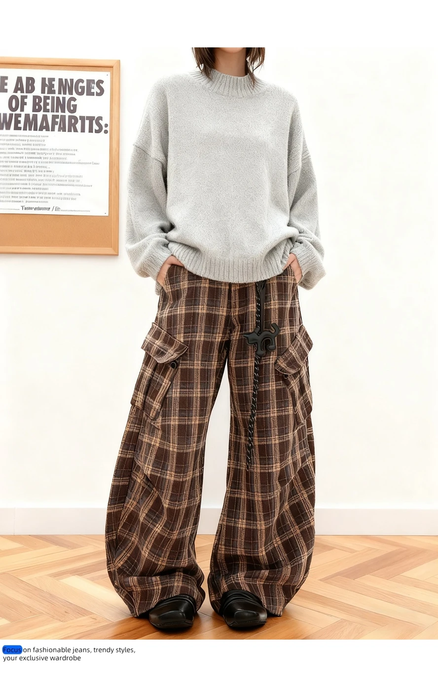 

CHIC Classic Fashion Women's Cargo Pants Retro Plaid High Waist Straight Loose Long Trousers Vintage Casual Pants Autumn Winter