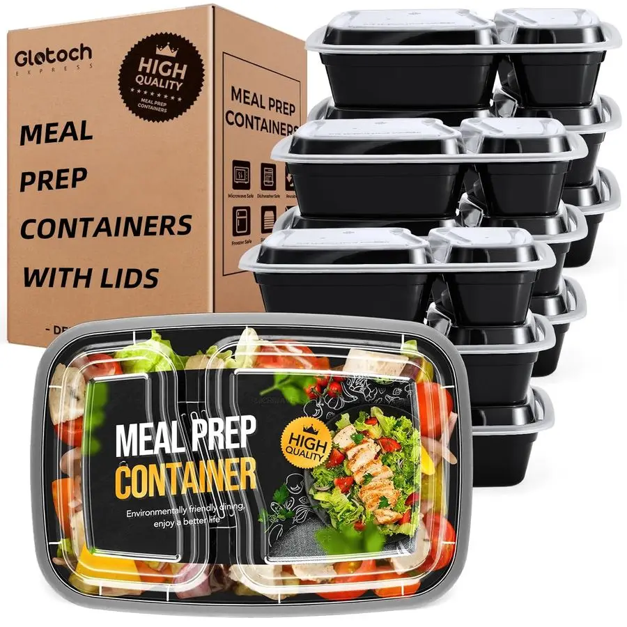 

Pack 100Piece 32 oz Sturdy Leakproof 2Compartment Meal Prep Containers with Lids, Plastic Food Storage Containers for Lunch, Mic
