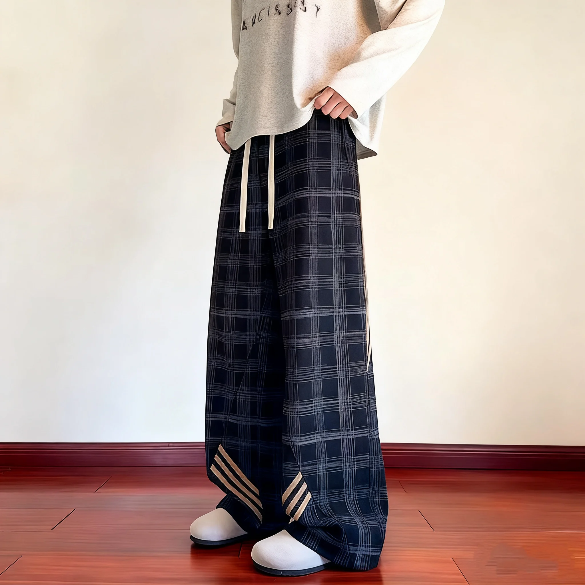 

Мужские весенне-осенние полосатые прямые брюки в клетку, повседневные брюки в американском стиле, свободные широкие спортивные штаны