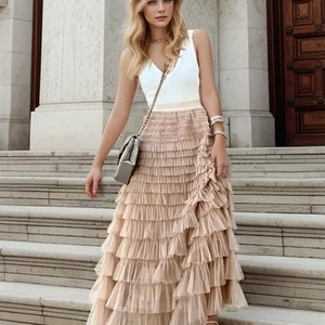 Houzhou-Mesh-mesh-mesh skirt multicamed with pleated, high waist boho, long skirt and maxi tulle, female party clothes, spring, summer 6 Main Sales Skirt Transparent - №4