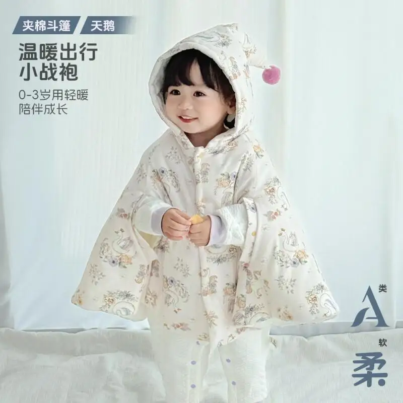 

2025 плащ для новорожденных, короткая уличная ветрозащитная куртка, жилет, шаль с капюшоном, осенне-зимняя хлопковая куртка для девочек и детей