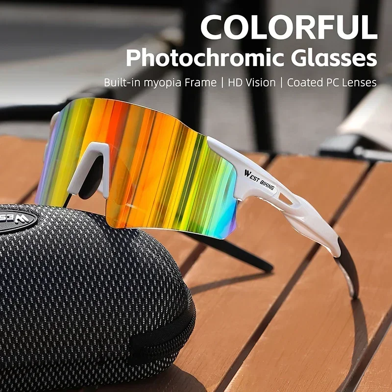 WEST BIKING Colorful Photochromic Cycling Glasses UV400 Polarized Sunglasses Couple Outdoor Sport Bike Goggles With Myopia Frame