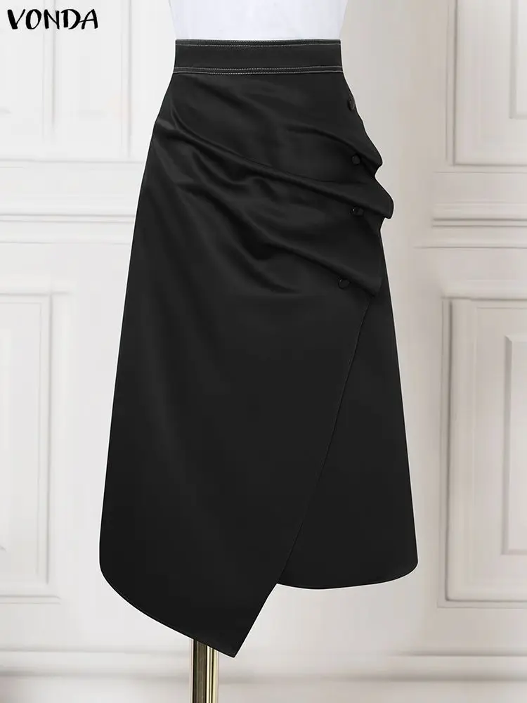 Faldas de satén de talla grande VONDA elegantes para mujer, Faldas plisadas asimétricas con botones de cintura alta, Faldas largas lisas a la moda Saia 5XL