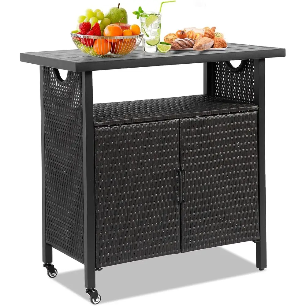 Portable Outdoor Bar Table with Storage, Wheeled Patio Serving Cart, Wicker Grill Prep Station, Rolling Kitchen Island for Backy