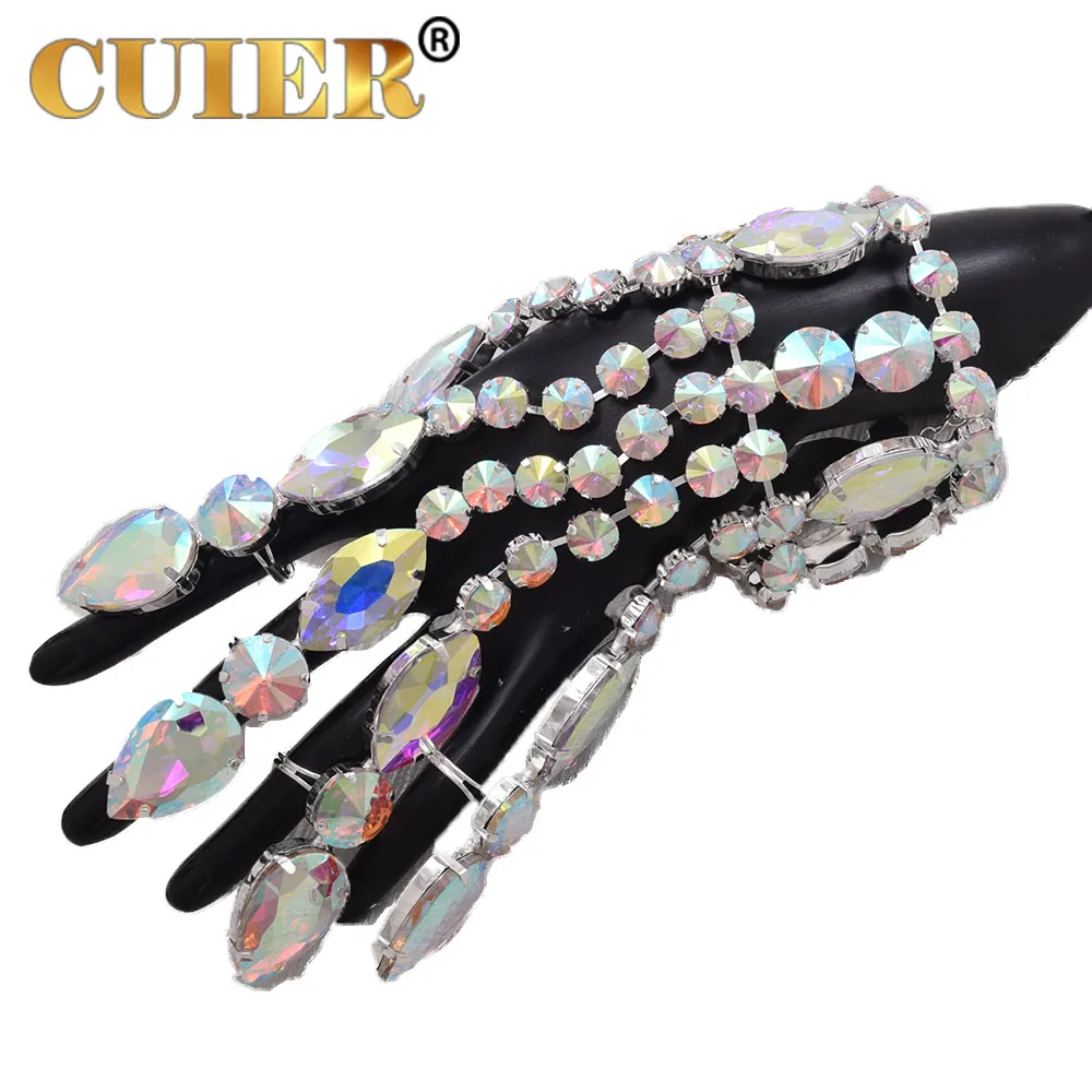 CUIER 1piece Glitter Gloves Bracelet Finger Crystal Designer Women Accessories Nightclub Dancer Stage Show Singer Rave Festival