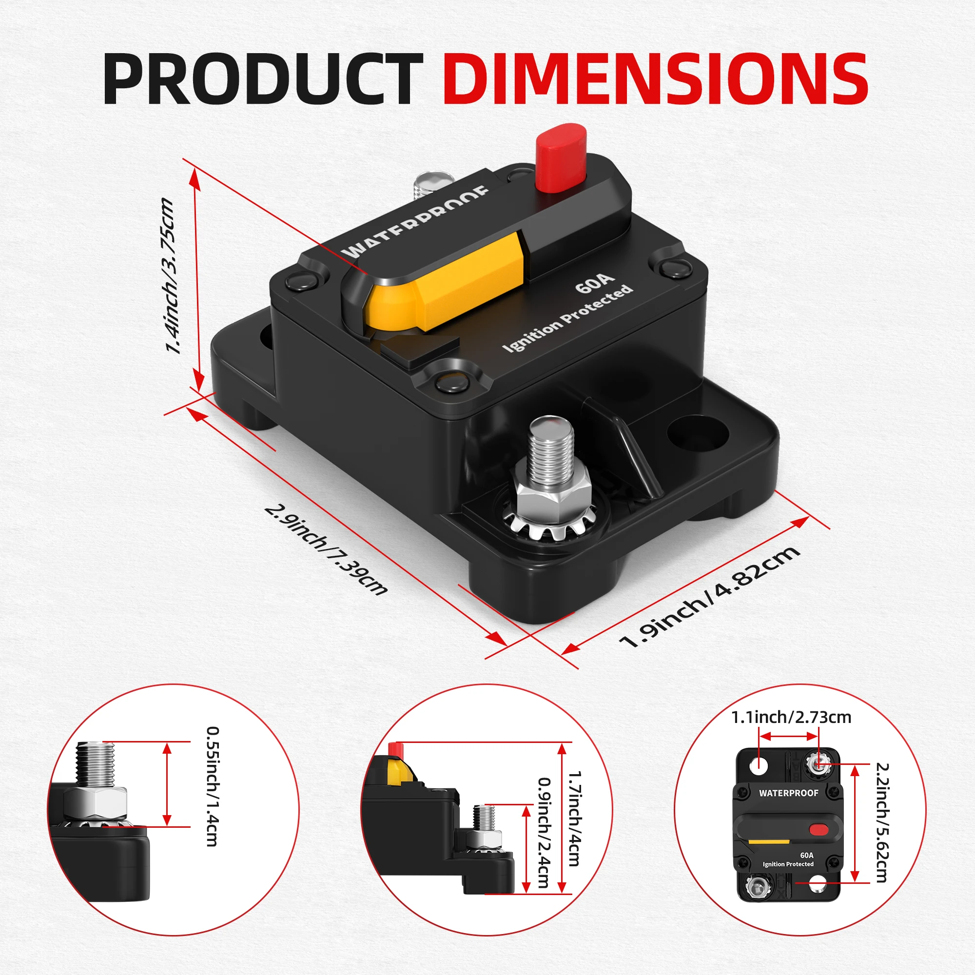 50A 60A Manual Reset Circuit Breaker Waterproof DC 12V-48V Heavy Duty Inline Fuse Replacement with ON/Off Switch for Marine Car