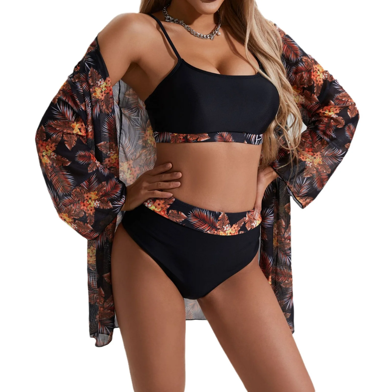 3 stücke Bandeau Bikini Set 2024 Frauen hoch taillierte Bade bekleidung weibliche Blumen bedruckte Badeanzug & Kimono Strand sexy gepolsterten Badeanzug