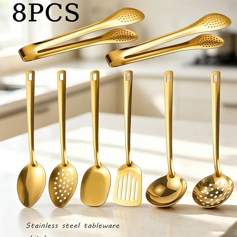 8p cs stainless steel gold square handle serving utensils, large public serving spoons, party buffet hotels use tableware.