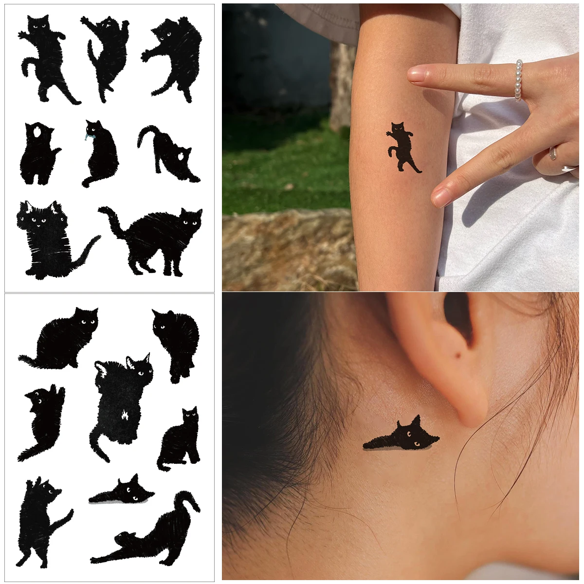 Pegatinas de tatuaje de gato negro para mujeres y hombres, arte de brazo, tatuaje falso temporal, impermeable, gatito de dibujos animados, duradero,