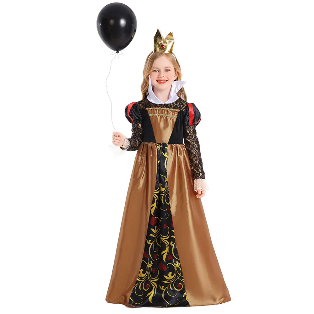 

Kids Fairy Tale Alice In Wonderland Queen of Hearts Cosplay Uniform Poker Queen Retro Court Attire Girl Halloween Dress