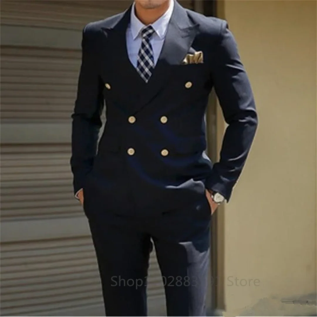 2 Piece Navy Blue Suits for Men Slim Fit Double Breasted Wedding Groom Jacket Pants Tuxedos Formal Business Set