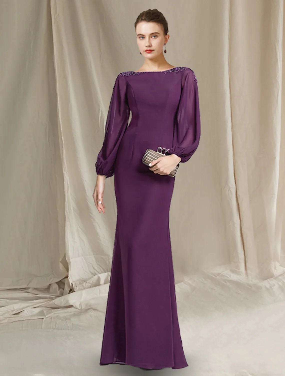 

Grape Mother of the Bride Dresses 2023 Elegant Jewel Beads Floor Length Chiffon Long Sleeve Groom Party Gowns Robe De Soiree