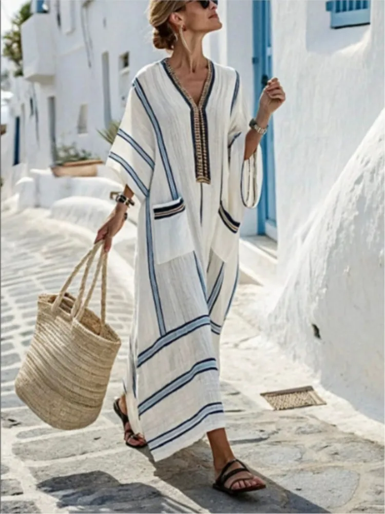 

New Summer Large-size Striped Print Long Large-spoke V-neck Dress Fashionable Casual Loose Elegant Pocket Dress Females