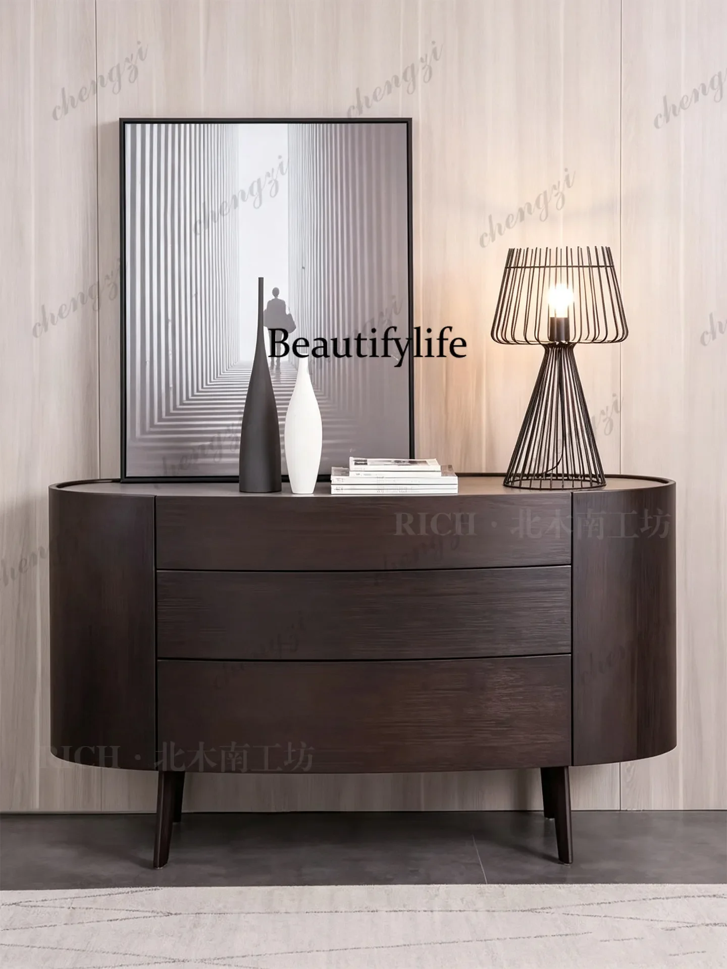 a55 Italian minimalist solid wood dining side cabinet, bedroom storage storage cabinet frame structure, dark color